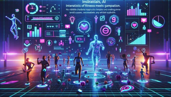 A futuristic fitness video interface featuring points, badges, leaderboards, animated avatars, and AI chatbots in a vibrant digital environment.