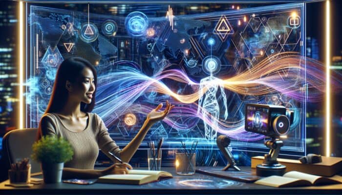 AI chatbot on screen generating scripts for travel vlogger in a futuristic studio filled with maps and equipment.