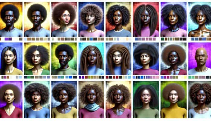 Diverse group displaying André Walker Curl Typology types 1-4 in a colourful setting.