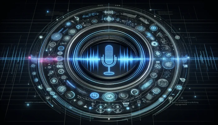 Create FAQ Pages for Voice Search: A futuristic voice search interface with glowing audio waves and technology symbols, enhancing user satisfaction.