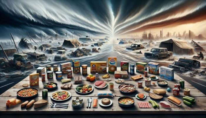 SHTF Food Rations: Emergency food rations on a rustic table amidst scenes of disasters and societal collapse, symbolising survival and resilience.