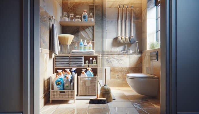 UK bathroom featuring travertine tiles and appropriate cleaning supplies for natural stone care.