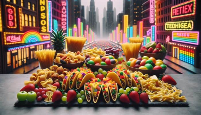 How to Enjoy Vegas Dining with Kids: Colourful kid-friendly dishes like mini tacos and whimsical pasta in a lively Las Vegas restaurant.