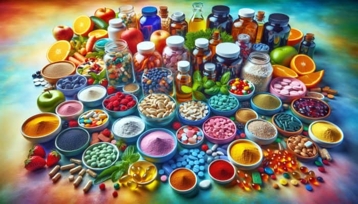 Affordable Supplements for Starters: A colourful table displaying various nutritional supplements in pills, powders, and liquids, enhancing a healthy diet.