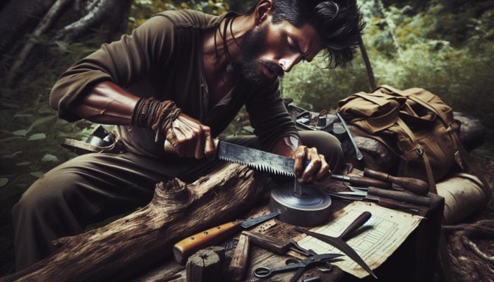 Homemade Survival Tools: A survivalist crafts a sharp knife from an old saw blade in a wilderness setting.