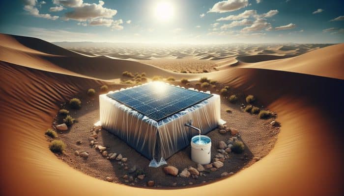 A solar still in a desert with a pit, plastic cover, and water collection container under the sun.