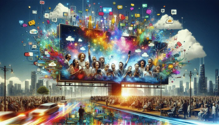 "Share Your Experience!" billboard featuring happy customers on devices, colourful speech bubbles, cityscape.