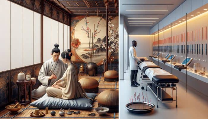 Acupuncture for Circulation Improvement: Ancient Chinese and modern UK acupuncture practices, contrasting tools and settings.