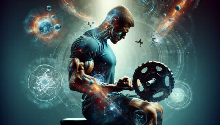 Top Creatine Supplements for Strength: Muscular athlete lifting weights in gym, surrounded by energy bursts symbolising ATP increase from creatine.