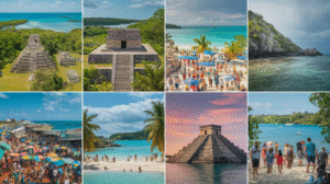 A collage of eight images depicting ancient Mayan ruins, crowded beaches, clear turquoise waters, a lively marketplace with colourful umbrellas, tourists, and tropical landscapes under the sunny and partly cloudy skies of Belize.