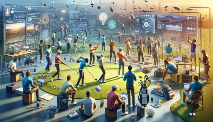 South African golfers utilising laptops and smartphones, engaging in a community forum with local expert guidance for swing analysis.