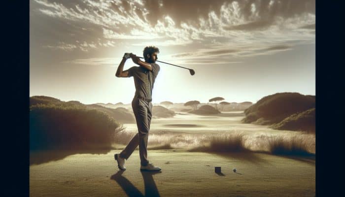 Golfer swinging on a South African course during mid-morning with ideal lighting and a plain background.
