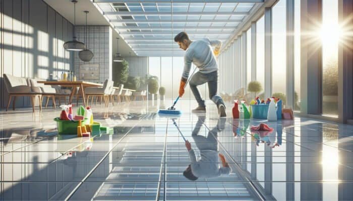 A professional cleaner scrubbing large tile floors in a sunlit conservatory, showcasing the scale of cleaning efforts.