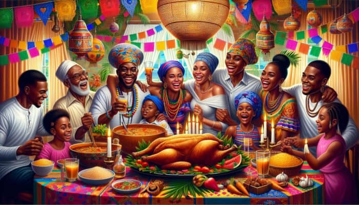 Best Haitian Griot Recipes for Spice: A vibrant Haitian family celebration with marinated, fried pork Griot, colourful decorations, embodying joy and cultural heritage.