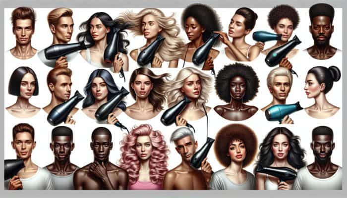 Diverse group of individuals using an ionic hair dryer, showcasing volume, smoothness, and enhanced curls with reduced frizz.