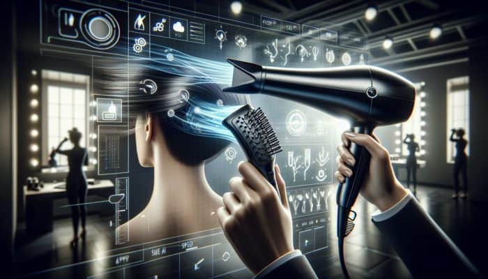 Individual styling hair with a sleek, lightweight ionic dryer featuring multiple settings on a modern interface.