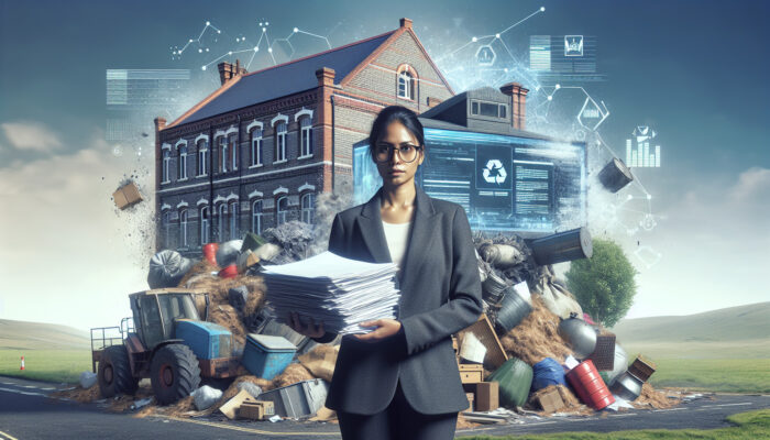 Individual holding council permits in front of a residence filled with bulky items and hazardous waste, with a UK town hall in the background.