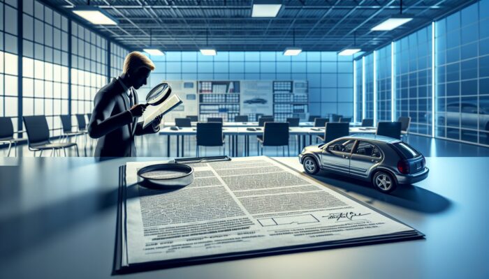 Individual scrutinising rental contract with a magnifying glass in an office, focusing on aspects like vehicle condition, fuel policy, and fees.