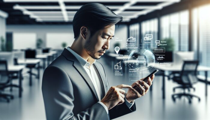 Individual using a smartphone in a modern office to email a rental company about a car issue.