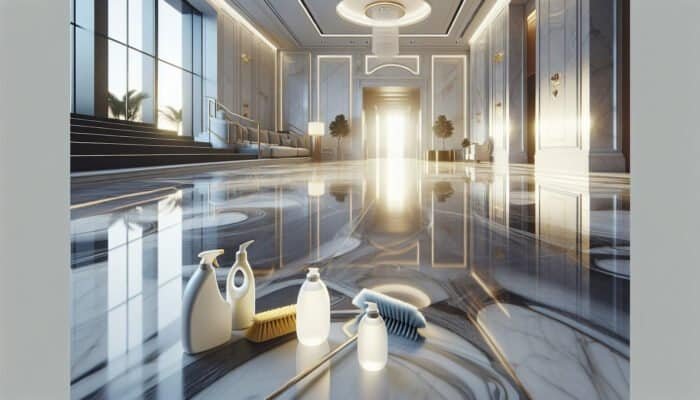 Luxurious marble floor in a Cottenham Park home, gleaming, with cleaning tools, emphasising the importance of maintenance.
