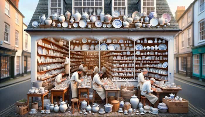 A welcoming East Calder porcelain repair shop with artisans diligently restoring ceramics, offering tailored consultations.