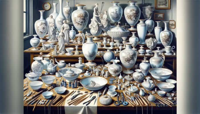 Artisans in East Calder diligently repairing porcelain items such as vases and figurines.