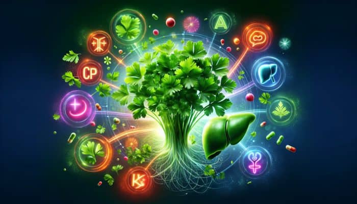 Parsley for Detoxification: Illustration of glowing parsley leaves with vitamins A, C, K, and liver, symbolising health benefits.