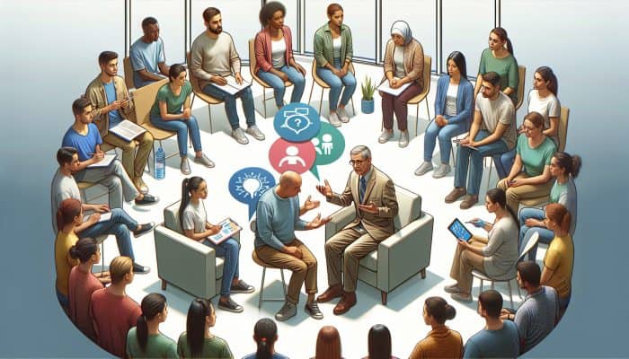 Mental Health and Longevity Tips: Diverse group engaging with NHS mental health services, including therapy, support groups, and online tools.