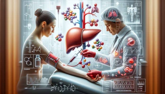 Illustration of the liver blood test procedure in Hinckley, illustrating blood draw and liver functions.