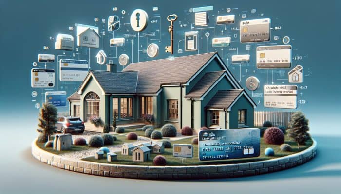 Debt Consolidation Loan Prepayment Techniques: A Comprehensive Guide | DCL A modern UK home with a key symbolising equity, surrounded by debt icons merging into a single, lower-interest loan document.