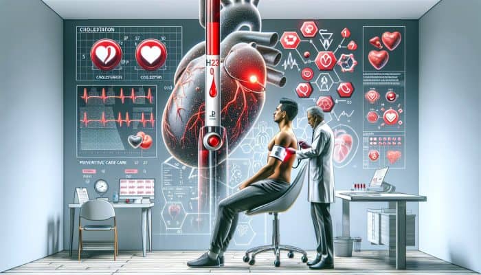 Person undergoing cholesterol test at clinic, results show high levels, surrounded by heart health information.