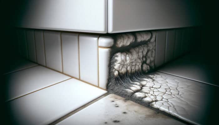 Close-up of kitchen tile grout showing clean and mouldy areas, emphasizing cleaning importance.