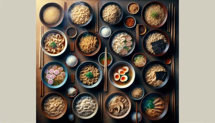 A variety of freshly cooked ramen noodles in bowls, showcasing different textures and colours, with steam and chopsticks.