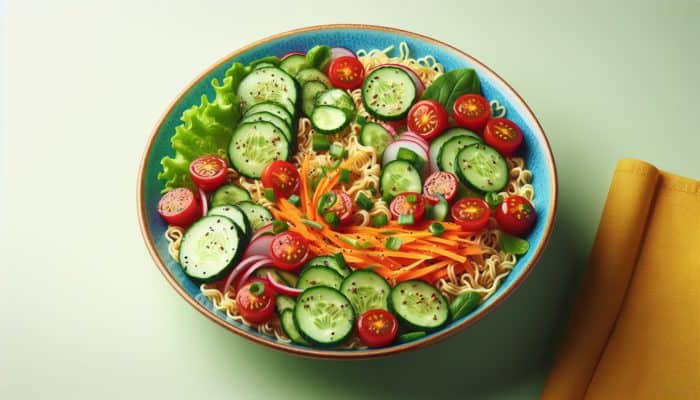 A colourful ramen salad with cold noodles, cucumbers, tomatoes, and carrots in a bowl.