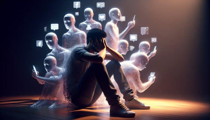 Young man in dimly lit room, head in hands, surrounded by shadowy figures and social media icons, symbolising anxiety and depression.