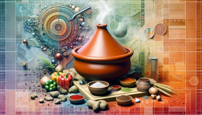 A steaming clay tagine in a Moroccan kitchen, surrounded by spices, showcasing its porous texture and heat distribution.