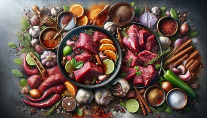 Meats marinating in garlic, cumin, salt, vinegar, and orange juice with spices and herbs for feijoada.