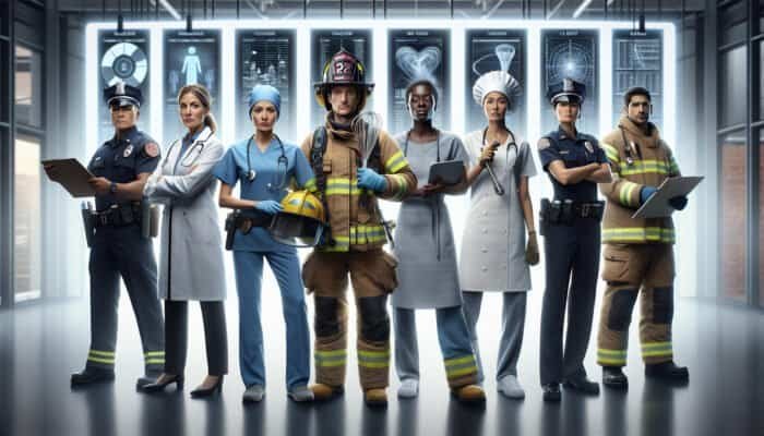 A diverse group of professionals in uniforms holding service symbols in a modern office, indicating professionalism and expertise.