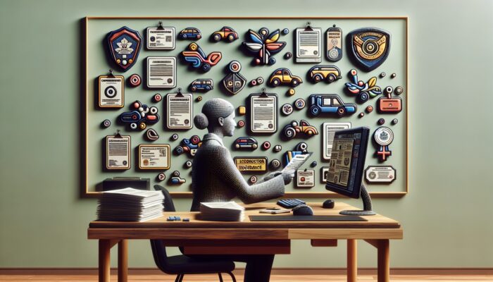 A person verifying car rental company's licensing and insurance on a computer, with official documents displayed on the wall.