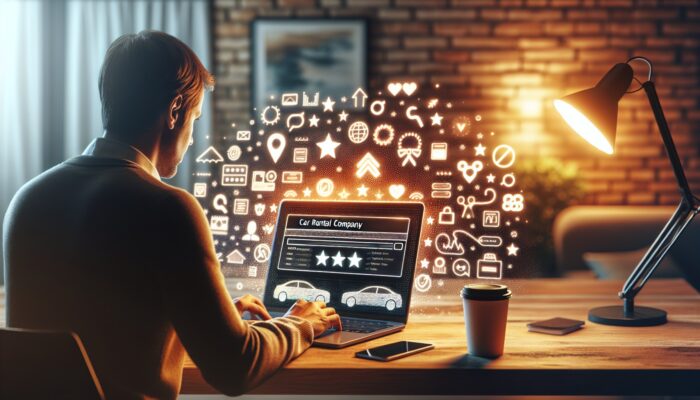 Person reviewing car rental company ratings on a laptop in a cosy home office with coffee.