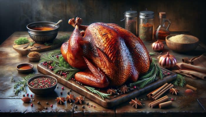 A succulent smoked turkey with herbs and spices, glistening with moisture, in a rustic kitchen setting.