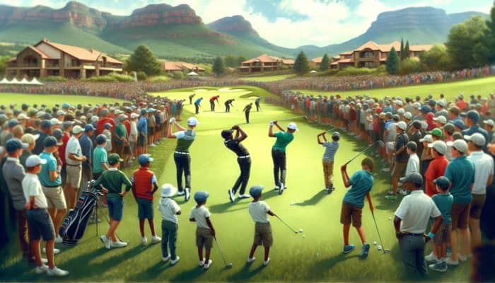 Vibrant scene from a South African golf tournament featuring diverse players and enthusiastic spectators.