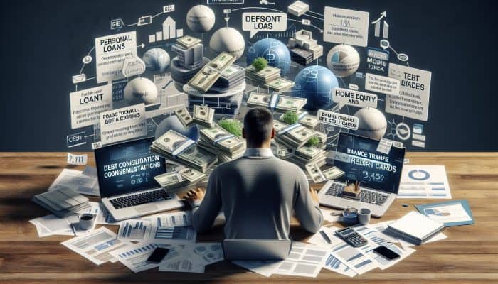 Varied Low-Cost Debt Consolidation Loan Options: A Guide to Savings | DCL Varied Low-Cost Debt Consolidation Loan Options: Individual at desk comparing different loan offers with financial documents and laptop.