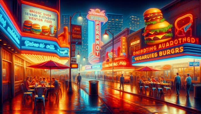 Fremont Street at night illuminated with neon lights, showcasing budget-friendly eateries like VegeNation and Heart Attack Grill.