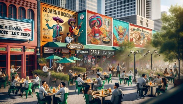 A lively outdoor dining scene in downtown Las Vegas featuring street performers entertaining at local eateries.