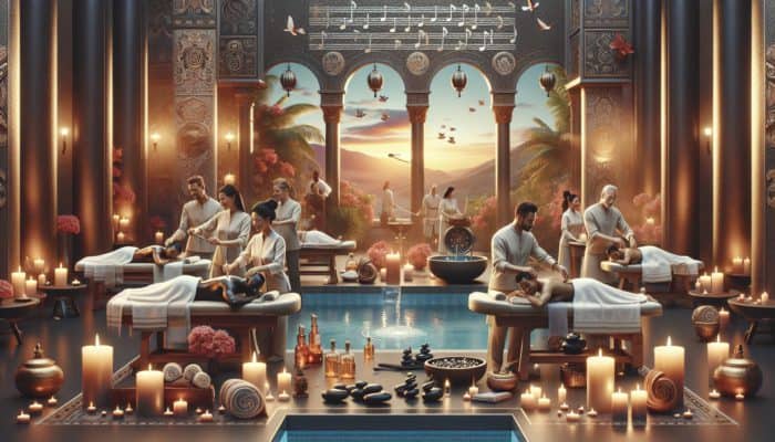 Luxurious spa at The Venetian with couples enjoying synchronized massages, private candlelit baths, and hot stone treatments.