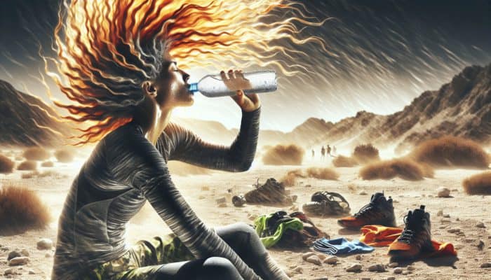 Individual drinking water in a hot, dry setting, surrounded by sports gear, showcasing healthy, lustrous hair.