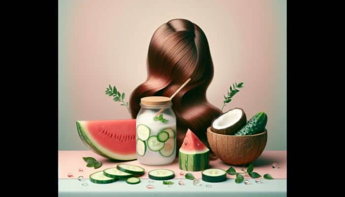 A vibrant still life of watermelon, cucumber, and coconut water surrounding healthy hair on a soft pastel background.