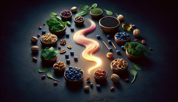 A still life of blueberries, nuts, and leafy greens like spinach and kale around a radiant hair strand, symbolising hair health.