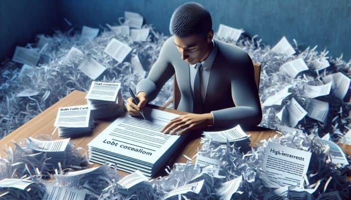 Person signing loan document with lower rate, surrounded by shredded high-interest papers, symbolizing debt consolidation.